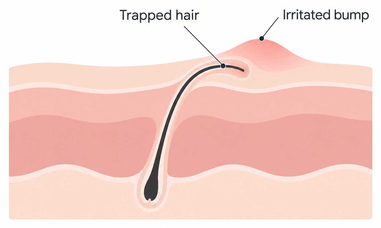 Illustration of a trapped hair forming an irritated bump under the skin